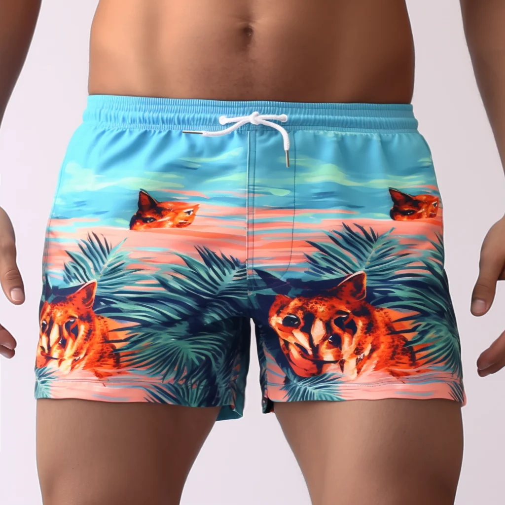 Men Swim Shorts Printed Drawstring Swim Trunks Beachwear Briefs 3 Inch Swimming Shorts Beach Pants