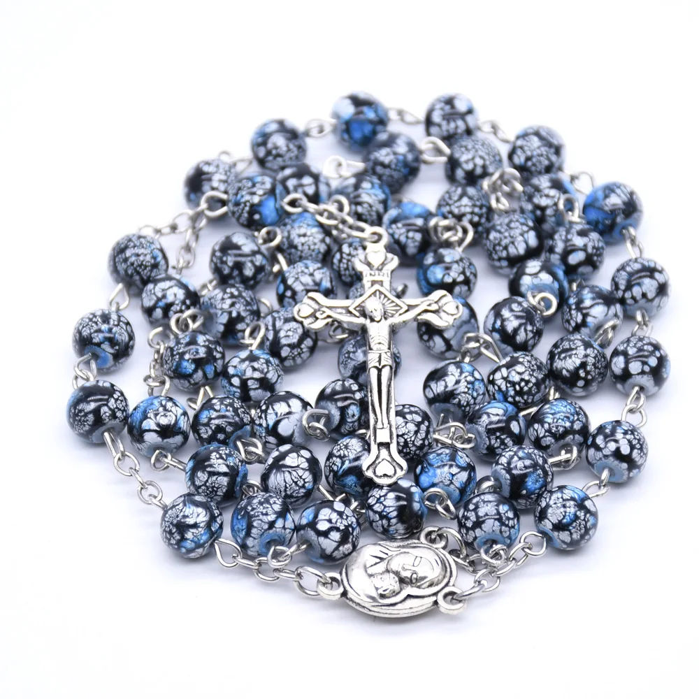 Ceramic Prayer Beads Rosary Necklace Center Maria Cross Pendants for Catholic Rosaries