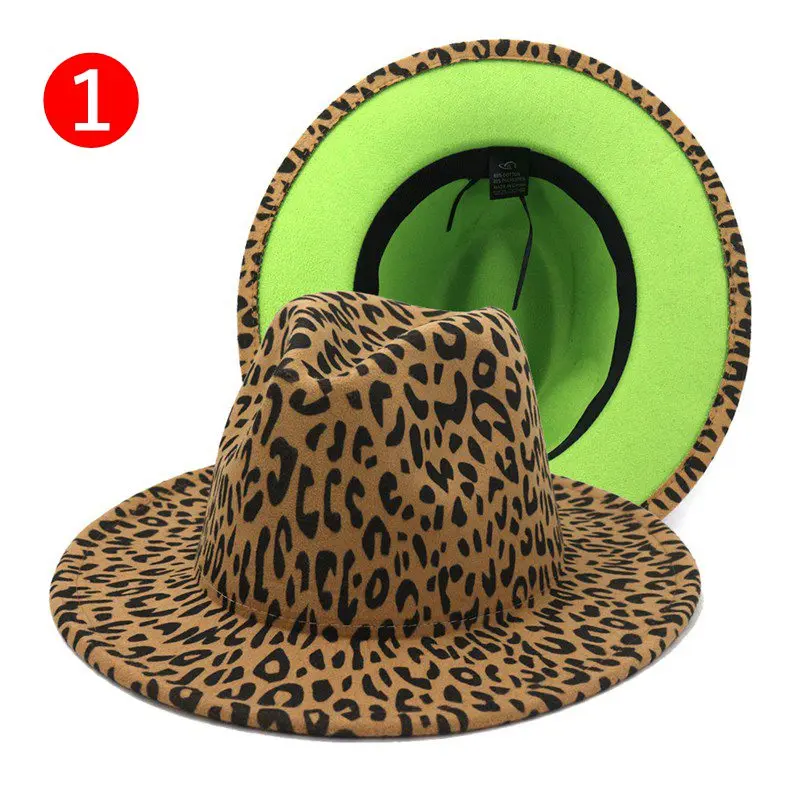 
2021 Wide Brim Leopard Red green Bottom Fedora Ladies Wool Felt Hat Women Men Party Trilby Jazz Church Hats Patchwork Panama Cap 