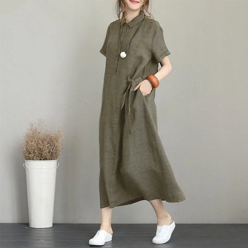 Ladies Solid Color Cotton and linen casual loose Sexy Women Dresses Women Summer Female Clothes Long Dresses