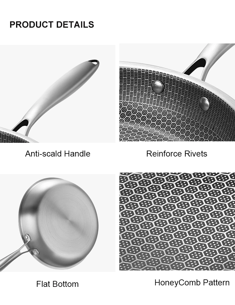 28cm Stainless Steel 304 Frying Pan Triply Kitchenware SS handle Non-Stick Coating Single Side Honeycomb Fire Textured Pattern