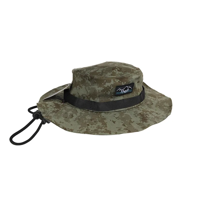 Hot Wholesale Camouflage Fisherman Patch Logo Customized Cotton Unisex Camping Outdoor Wide Brim Camo Bonnie Hat With String
