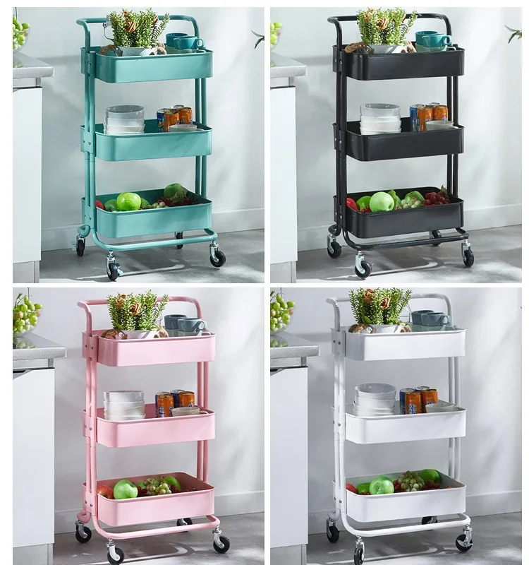High Quality Household Trolley Slim Storage Shelf Cart 3 Tier Wheeled Carbon Steel Kitchen Organizer Rack