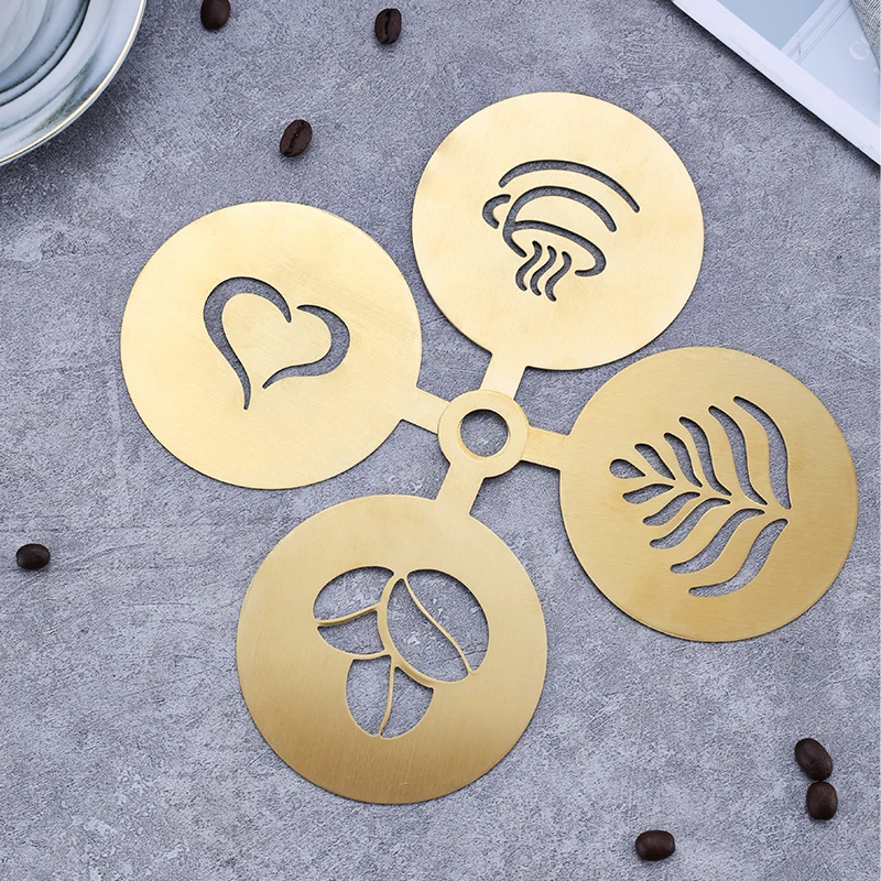 Fancy creative custom 4-piece coffee drawing pattern tool stainless steel coffee drawing mould set for home coffee shop