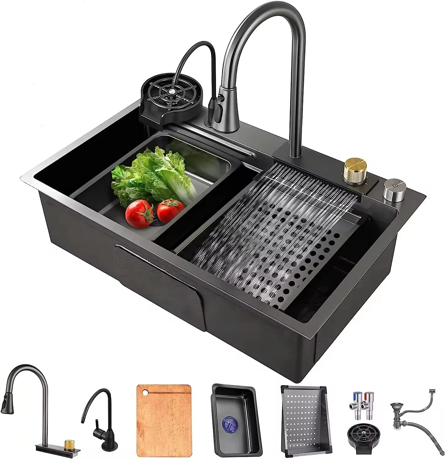TOP1 Multifunction Black Undermount Modern Waterfall Smart Kitchen Sinks Stainless Steel Modern Pull Out Kitchen Sinks