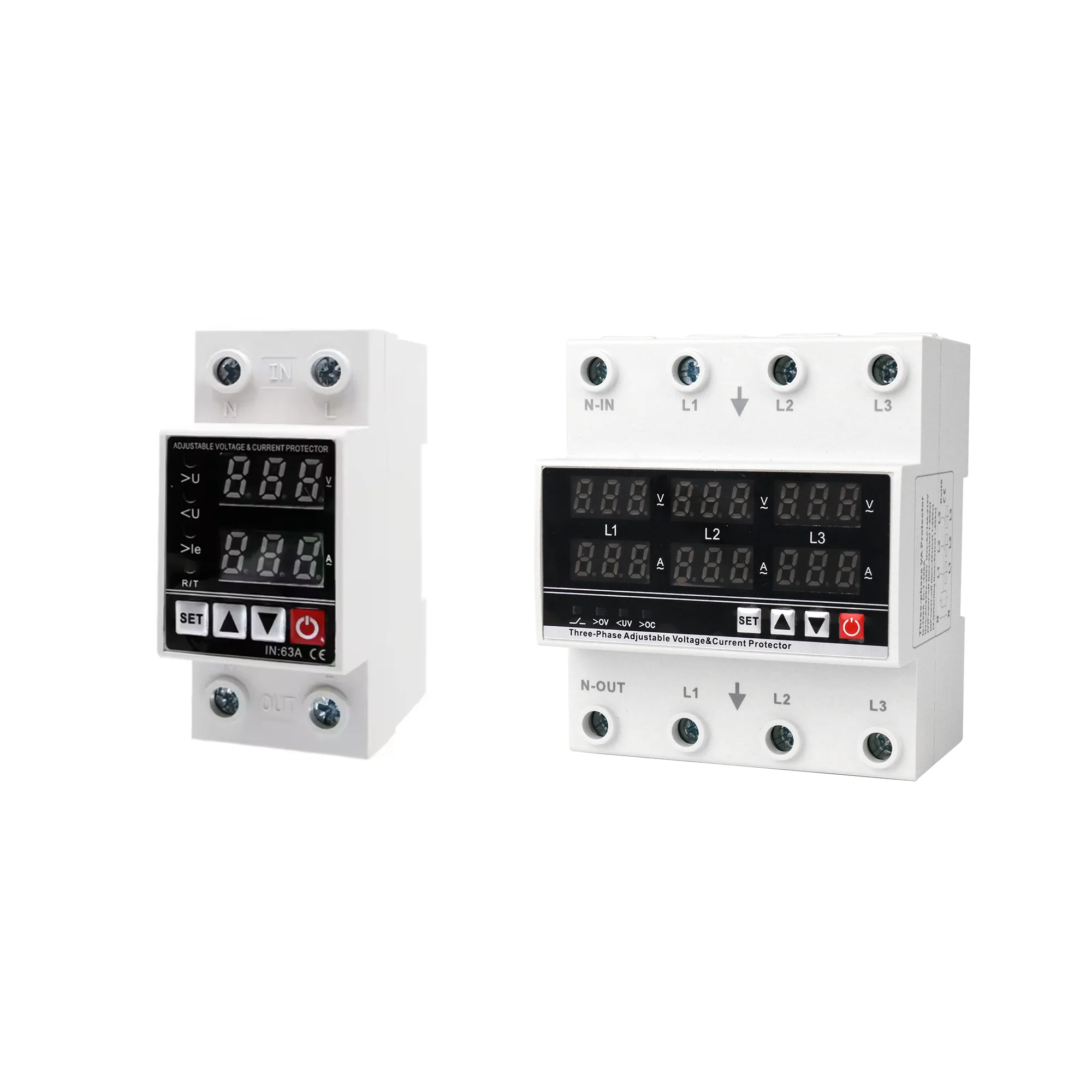 QJC Din Rail Intelligent Adjustable Under Over Voltage Current Protector 40A LCD display overvoltage and undervoltage protection