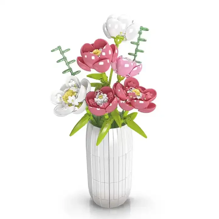 Mould King 10059  White Red Powder Peony Flower Model Building Block  MOC 3D Flower Bouquet Bricks Toy Set