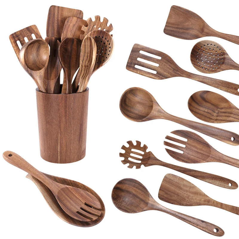 Manjia Wooden Spoons for Cooking Natural Wood Kitchen Utensils Set Spatulas Strainer Serving Spoon Salad Spoon Soup Ladle