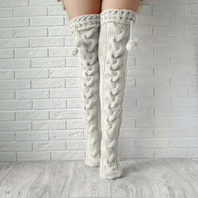 T1414 Hot selling Knitted Socks Plushball Over Knee Extended Long Socks Stacked Woolen Socks for Girls