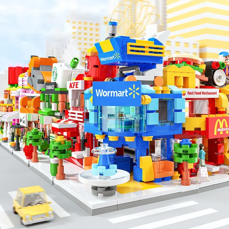 mini shop market street view sets model building blocks hamburger restaurant retail store creative architecture bricks city toy