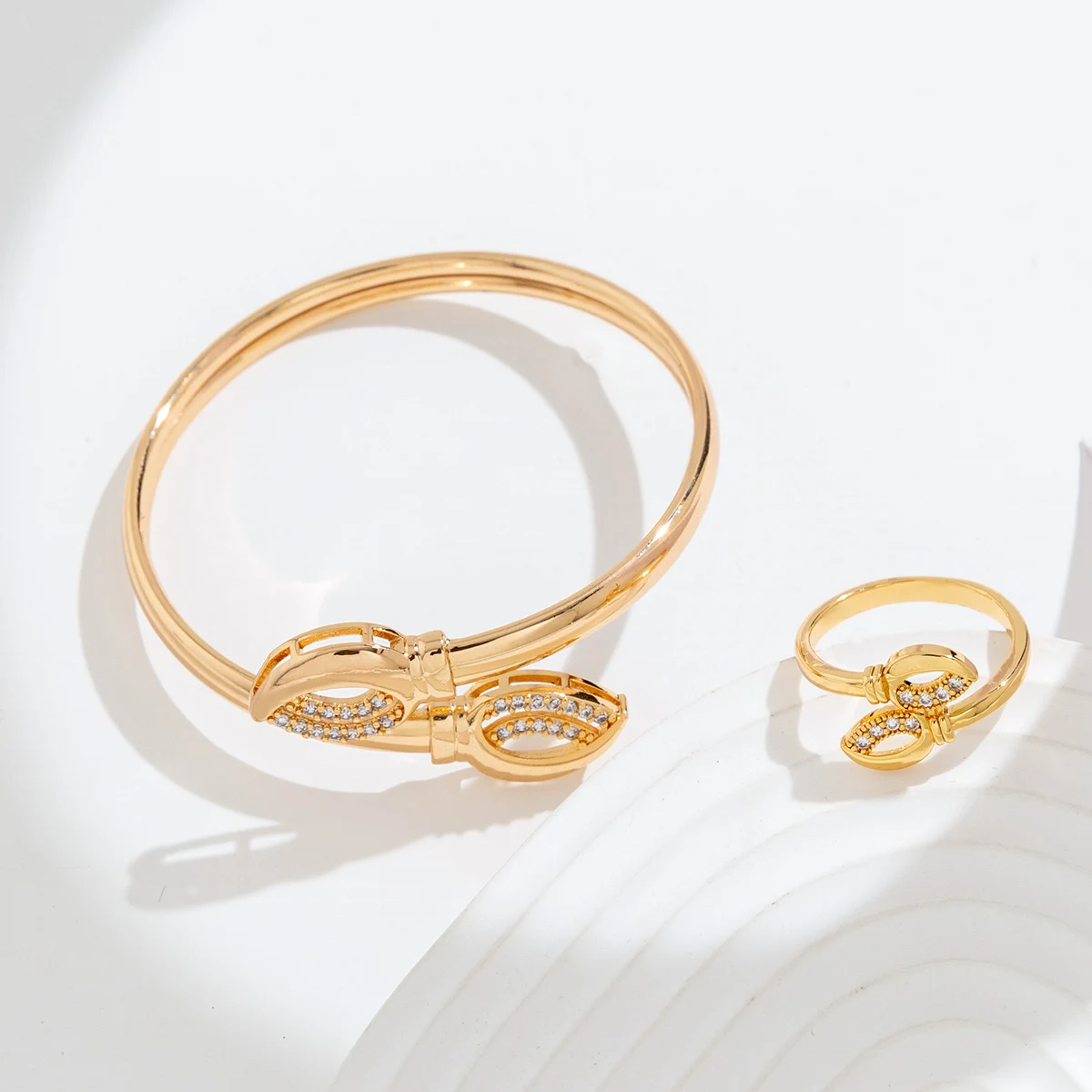 Wholesale Saudi Gold Ball Design Cuff Bangle Bracelet Flexible Cubic Zirconia Ring and Bangle Two Pcs Sets Jewelry Women