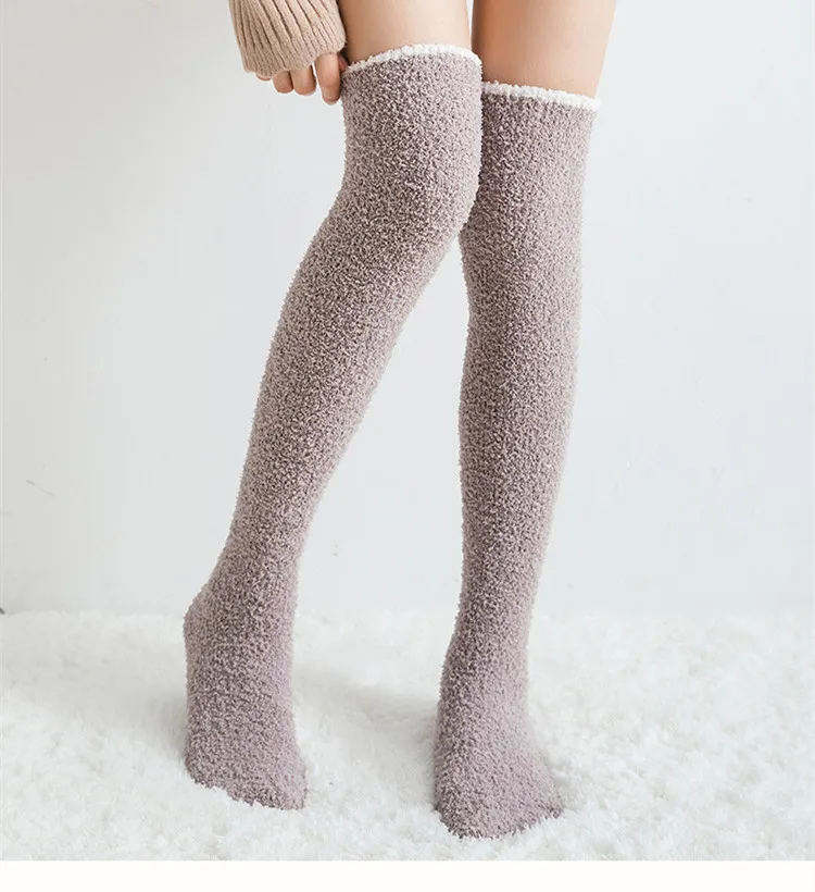 Winter Breathable Novelty Knee High Socks Coral Fleece Home Cheap Girl Women Over Knee Stocking