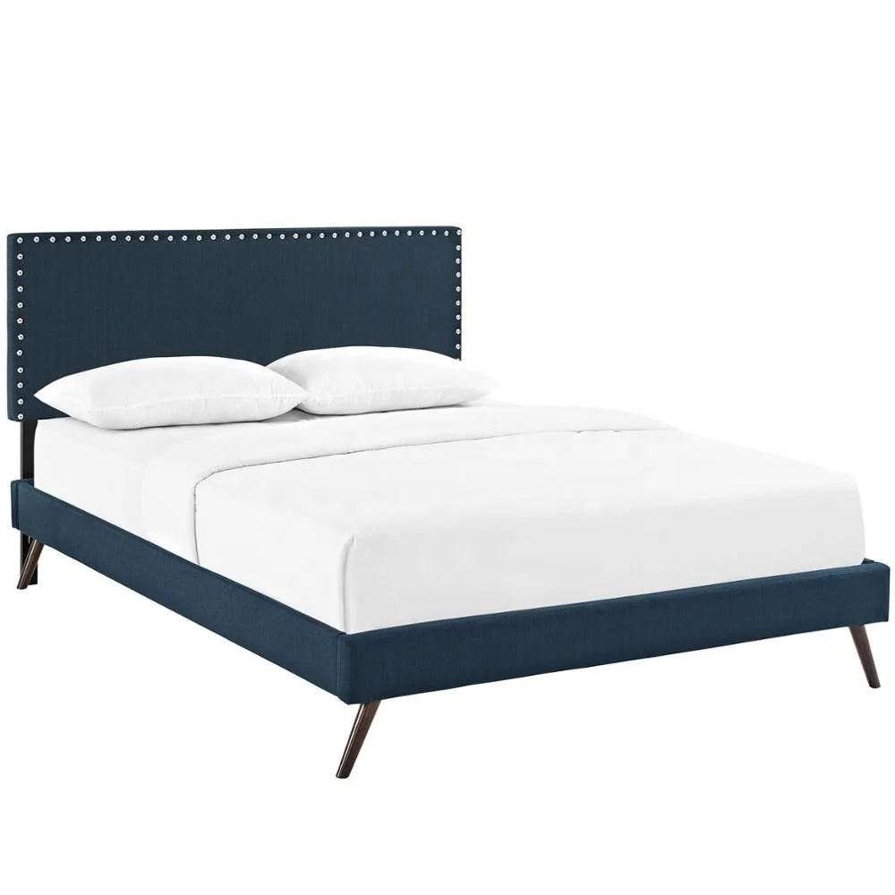 Dingzhi Home Furniture Blue Upholstered King Size Platform Bed With Nailhead Trim