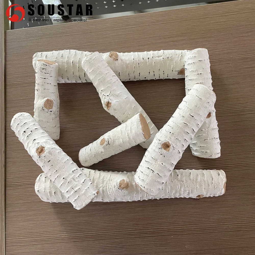 Ceramic Wood Fireplace Accessories Birch Logs Designed to Look like Cobbles & Pebbles