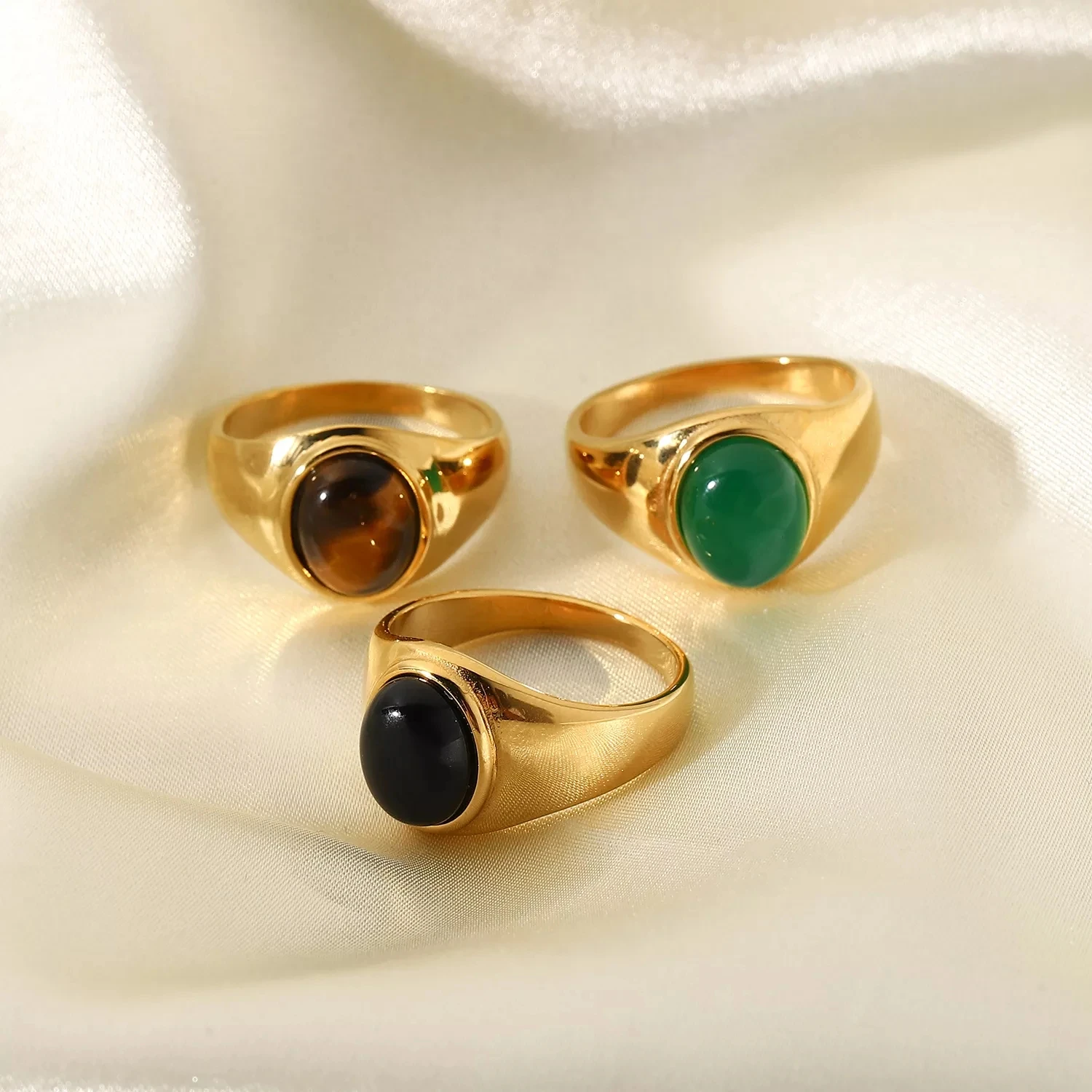 Vintage 18K Gold Oval Tiger Eye Agate  Stone Obsidian Signet Rings Jewelry Fashion Stainless Steel Rings For Men Women