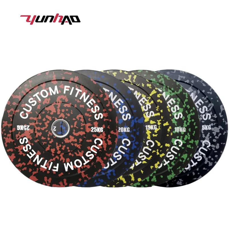 YunCheng Hot Sale Custom Logo 5-25 KG Fleck Camouflage Weightlifting Barbell Plates Change Rubber Bumper Plates Set Lbs