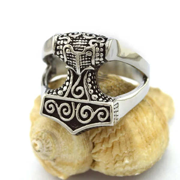 Vintage Silver Hollow Viking Valknut Raven Thor Hammer Finger Ring r003204