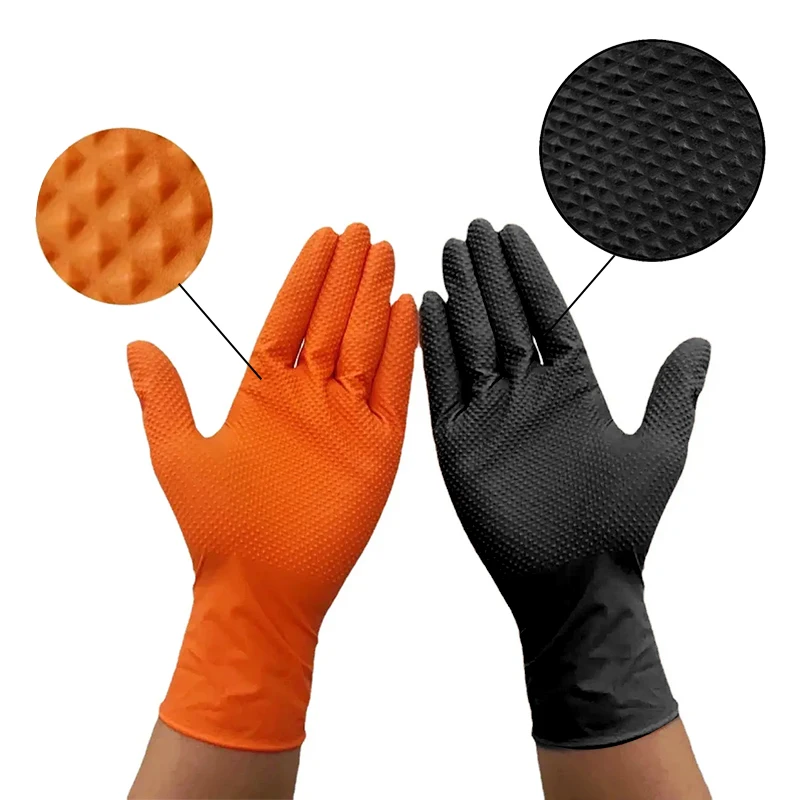 Hot Selling 4 Mil 8 Mil 13mil Large Black Orange Chemical Resistant Diamond Texture Nitrile Gloves