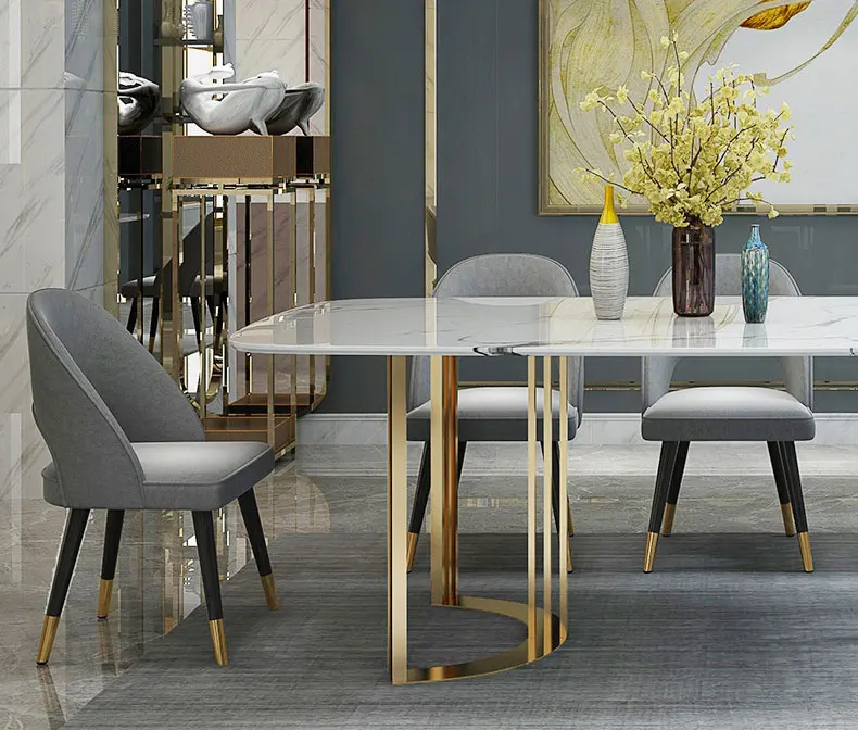 Треугольный Ресторан длинный стол из золотистой стали 6 мест современный роскошный мраморный обеденный со стульями