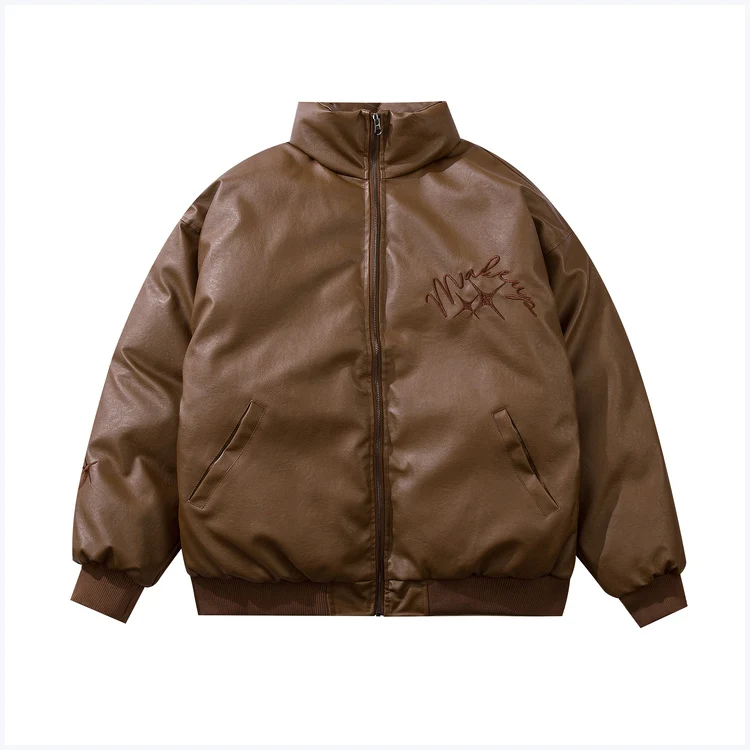 Oem Mens Retro Embroidery Coat Custom Logo Cotton-padded Jacket Pu Leather Jacket Men