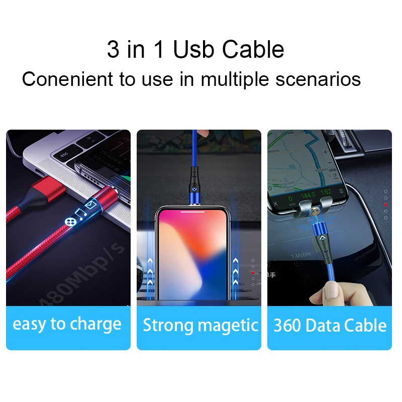 Top Selling 480mbps Data Transfer Usb Magnetic 360 Degree Rotating Data Cable Fast Charging Magnetic 3 in 1 Usb Cable