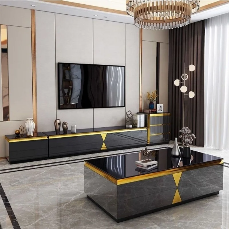 Light luxury modern coffee table TV cabinet combination size living room tempered glass rock panel coffee table simple furniture