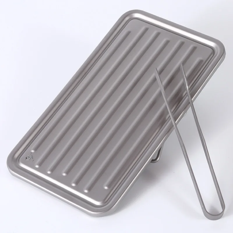 Pure Titanium Rectangle Non-Stick BBQ Tray Outdoor Charcoal Barbecue Plate Wire Handle Frying Pan Baking Dish Cookware Grill