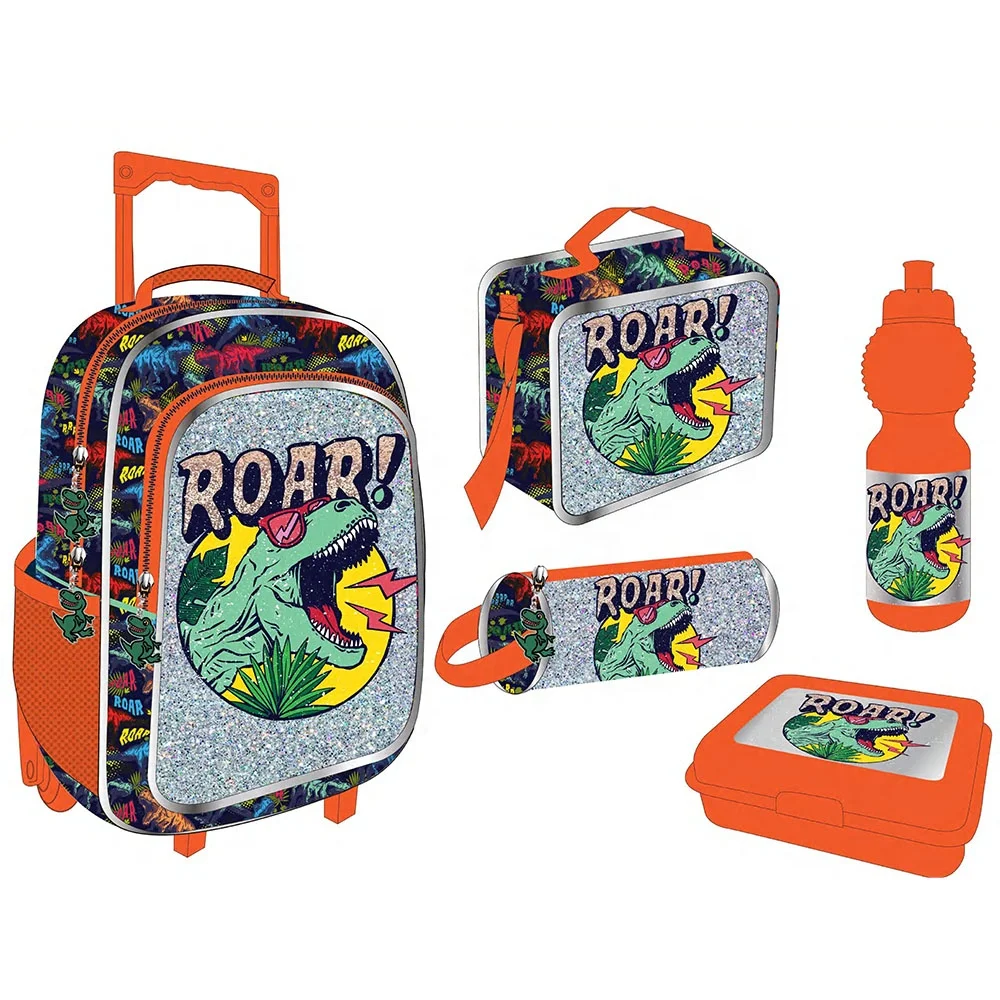 5 in 1 Dinosaur School Backpack Set for Kids Boys Backpack with Lunch Bag and Pencil Case Trolley School Bag