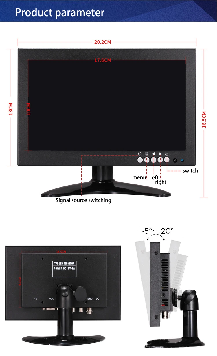 Промышленный монитор 8-дюймовый автомобильный pc 350cd/m2 яркий BNC LCD