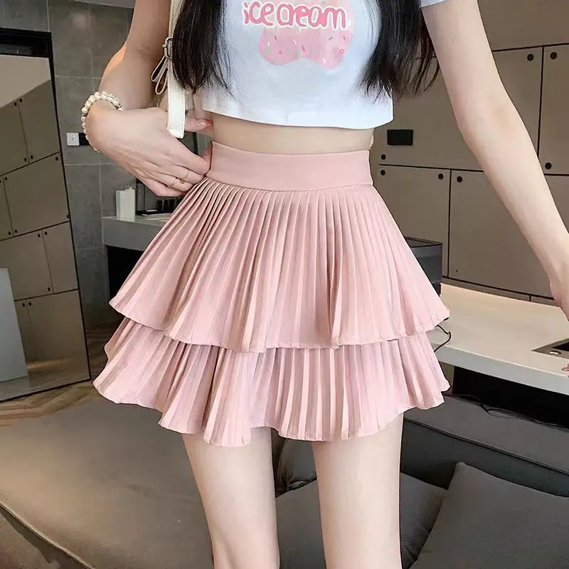 High Waist Pleated Mini Skirt Women Double Layer White A-line Skirt with Shorts Y2k Clothes Korean Fashion Goth Harajuku Skirt
