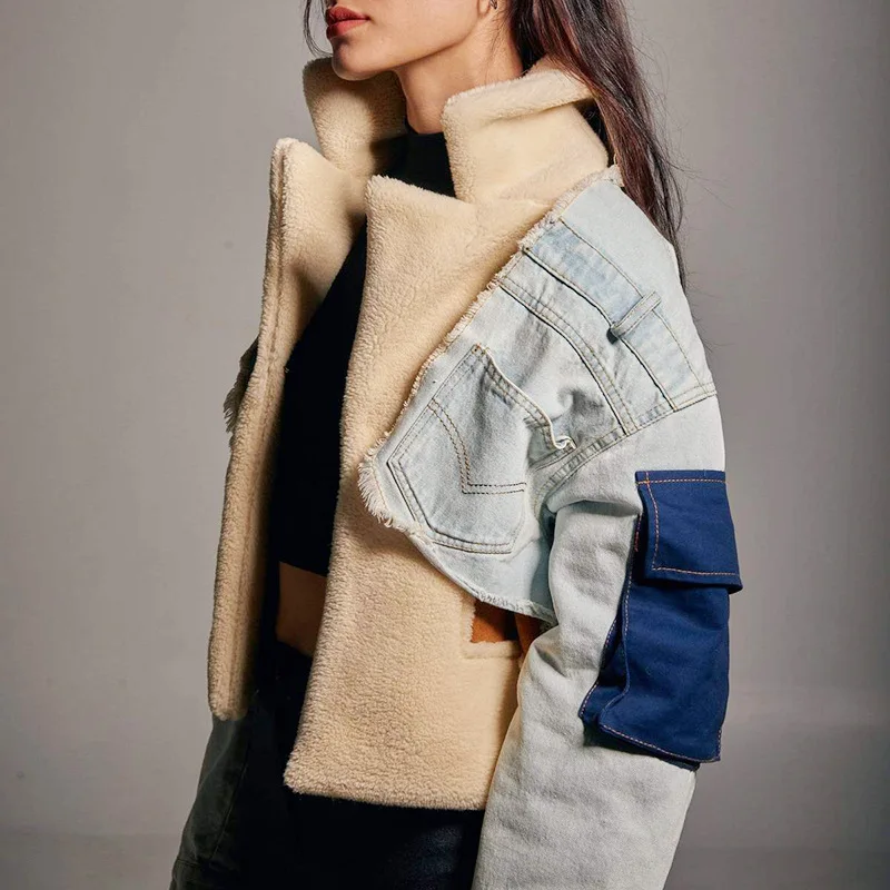 Женская куртка из джинсовой ткани, синяя укороченная куртка из шерсти с мехом, контрастная джинсовая куртка свободного покроя для девушек и женщин, зима 2022