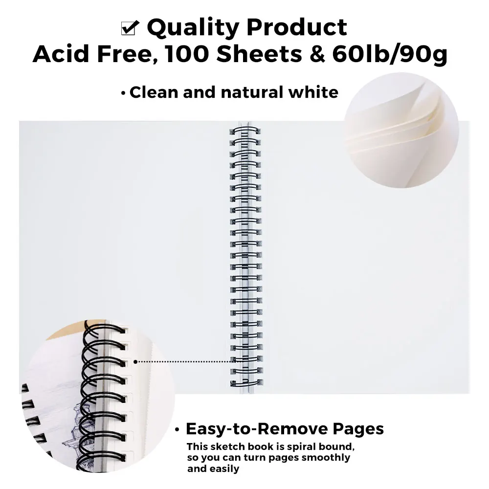 Скетчбук Artecho 9x12 дюймов 100 листов (60 фунтов/90 г/м2) спиральная Обложка художественные принадлежности скетчбук натуральная белая бумага