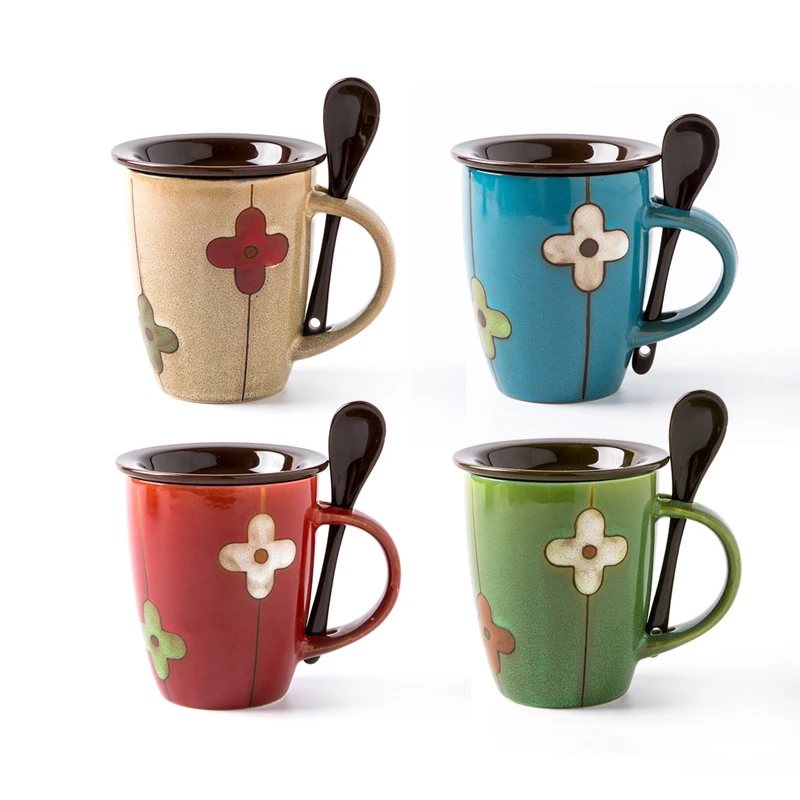 Wholesale food safe ceramic stoneware reactive glaze ceramic tea mug with spoon