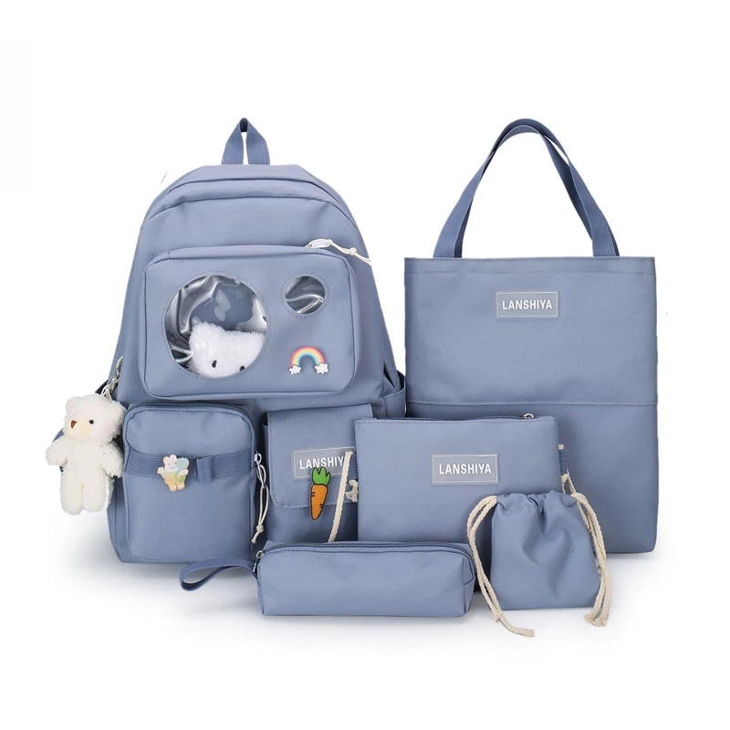 Cute Nylon Canvas College 5 pcs Schoolbag Backpack Sets Pink Travel Shoulder School Bag for Women Girls Student