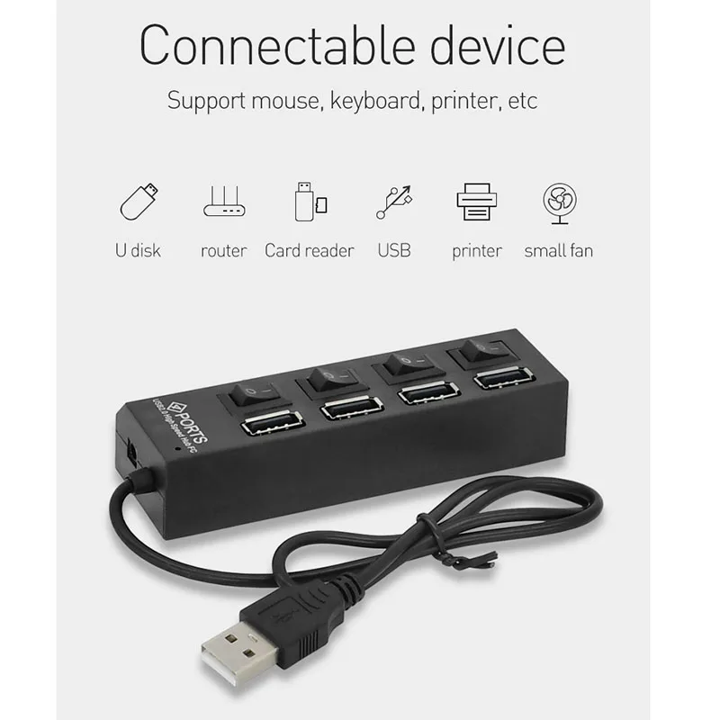 Newest Multi Port USB Splitter, Wholesale 4 Ports LED Light Separate Switch USB2.0 Hub For Laptop