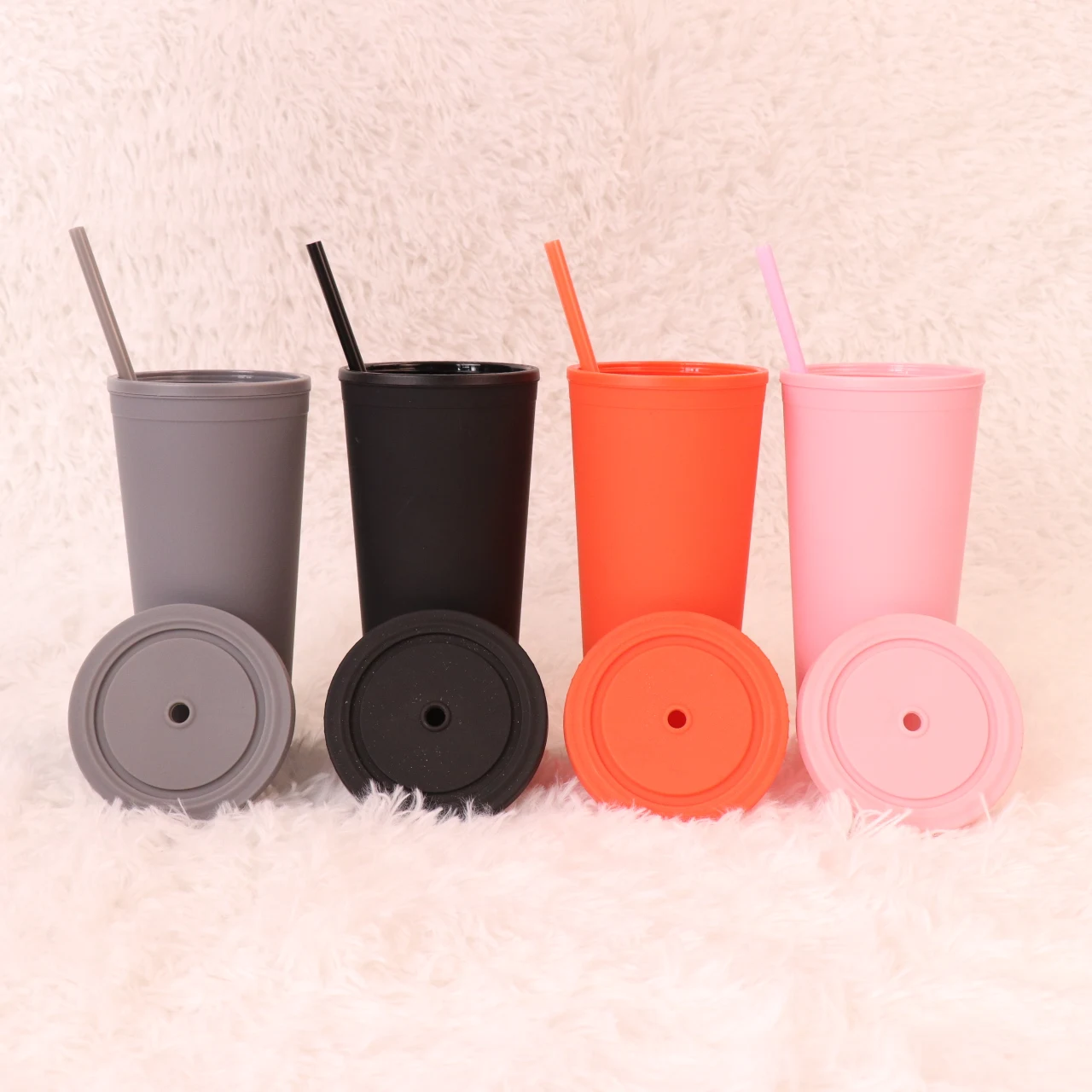 Wholesale custom sustainable tight plastic glass double wall 24oz color acrylic straw glass with cover and straw