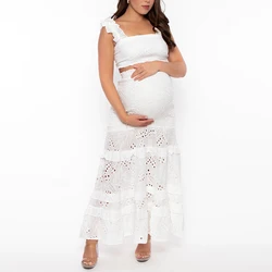 Custom maternity casual cotton hollow out dresses women pregnant clothes two piece eyelet skirt