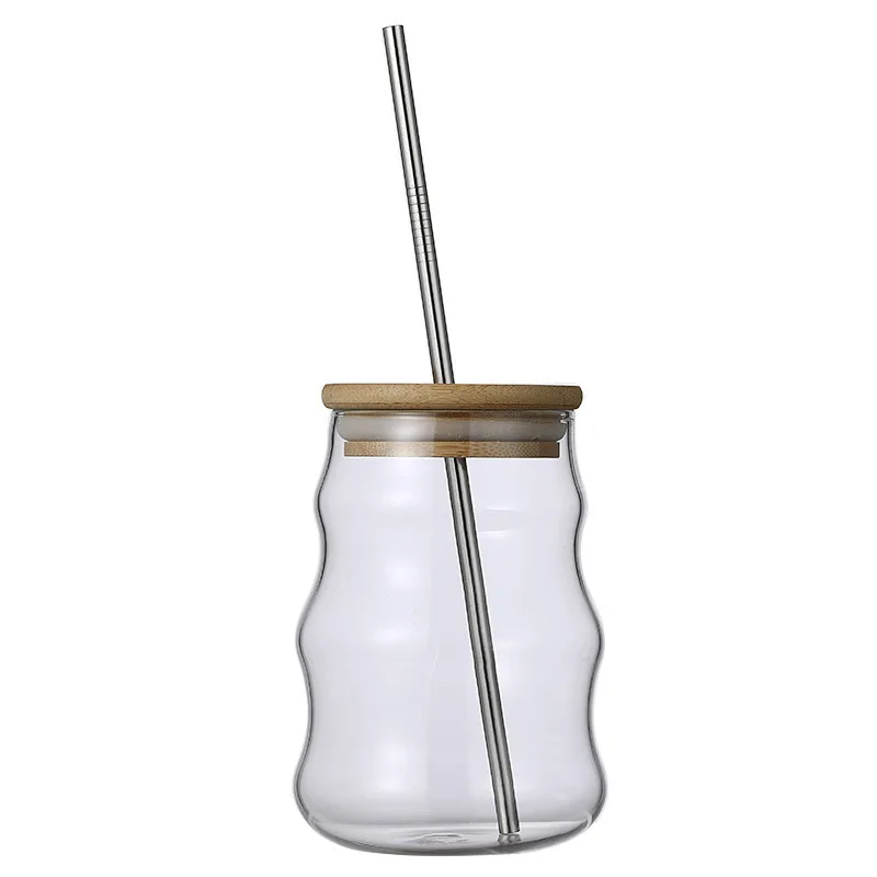 Waved Shape Design Ribbed Drinking Glass Iced Straw Tea Beer Boba Soda Can Tumbler Cup Coffee Cups with Lid and Straw