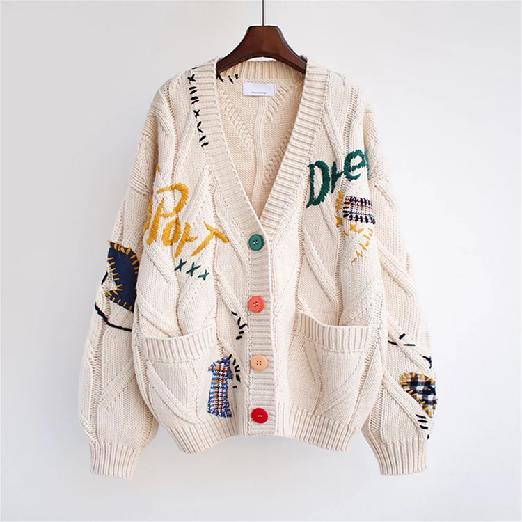 Autumn Winter Women Cardigan Warm Knitted Sweater Jacket Pocket Embroidery Fashion Knit Cardigan Sweater