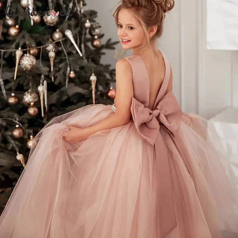 Finalz wholesale kids baby Formal Gown Mesh Bow Pink Sleeveless party dresses for girls