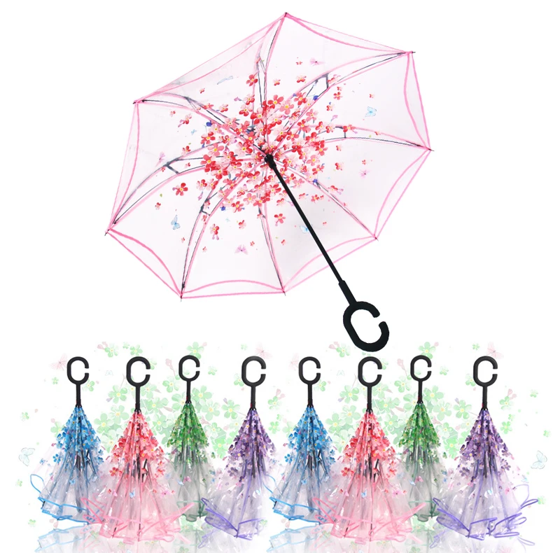 for Lady Women Kid Gift Umbrella parasol promotional Transparent Umbrella with Printing Transparent Inverted Umbrella