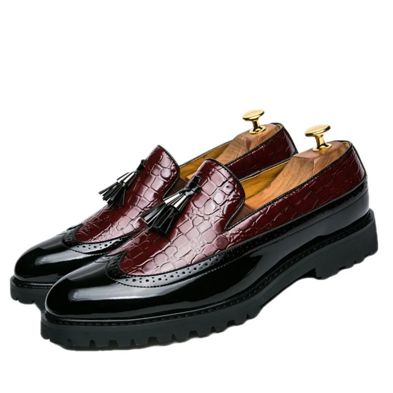 Formal Mens British Plus Size Slip On Casual PUShoes Color Blocked Tassel Bright PU Fashion Height Increasing Shoes