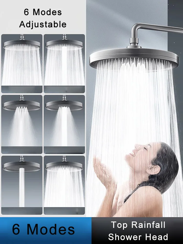 6 Modes Rainfall High Pressure Chrome Wall Mounted Single Functional Round ABS Rainfall Overhead Shower