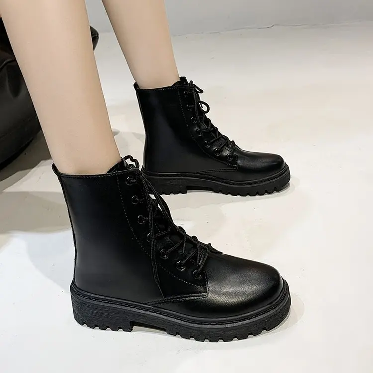 2024 Korean Autumn Winter Black Platform Boots For Women Fashion Casual Retro Ankle Boots Ladies Lace Up Leather Boots Men