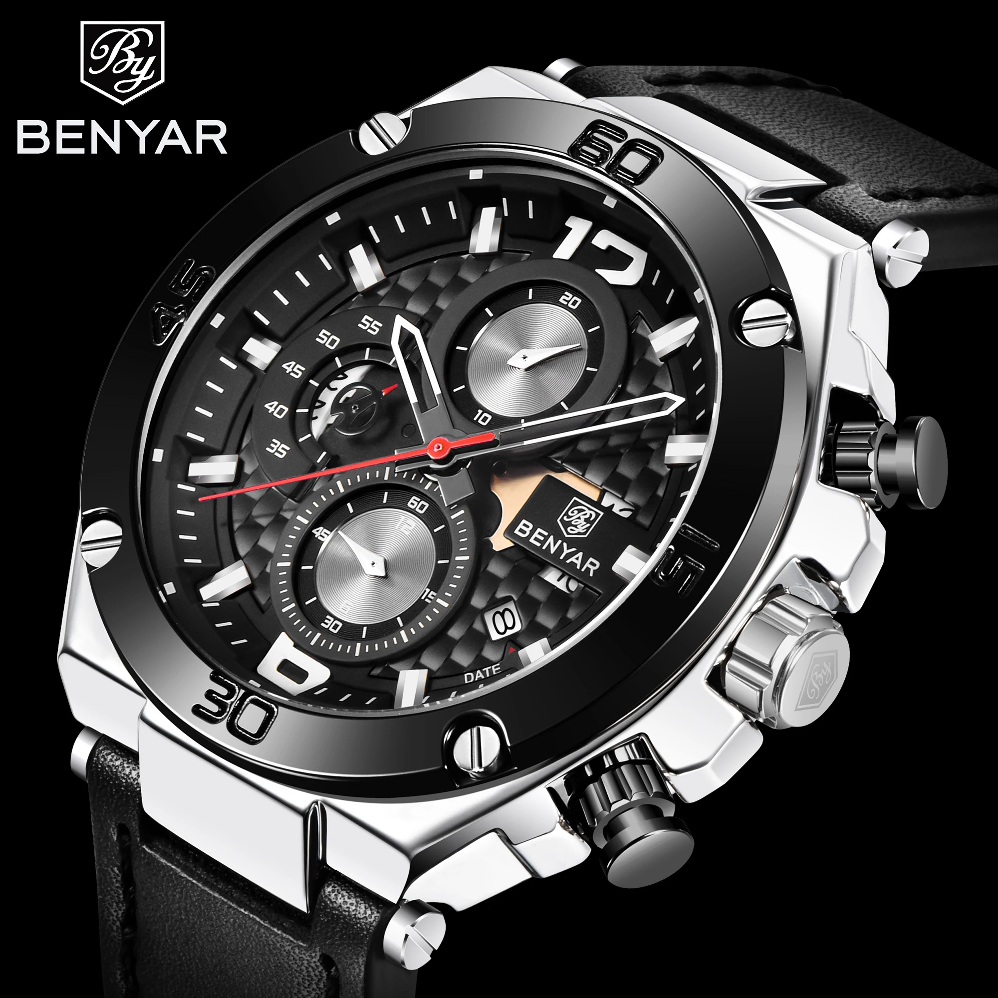Luxury Brand Benyar Fashion Chronograph Wrist Watches genuine leather strap watch