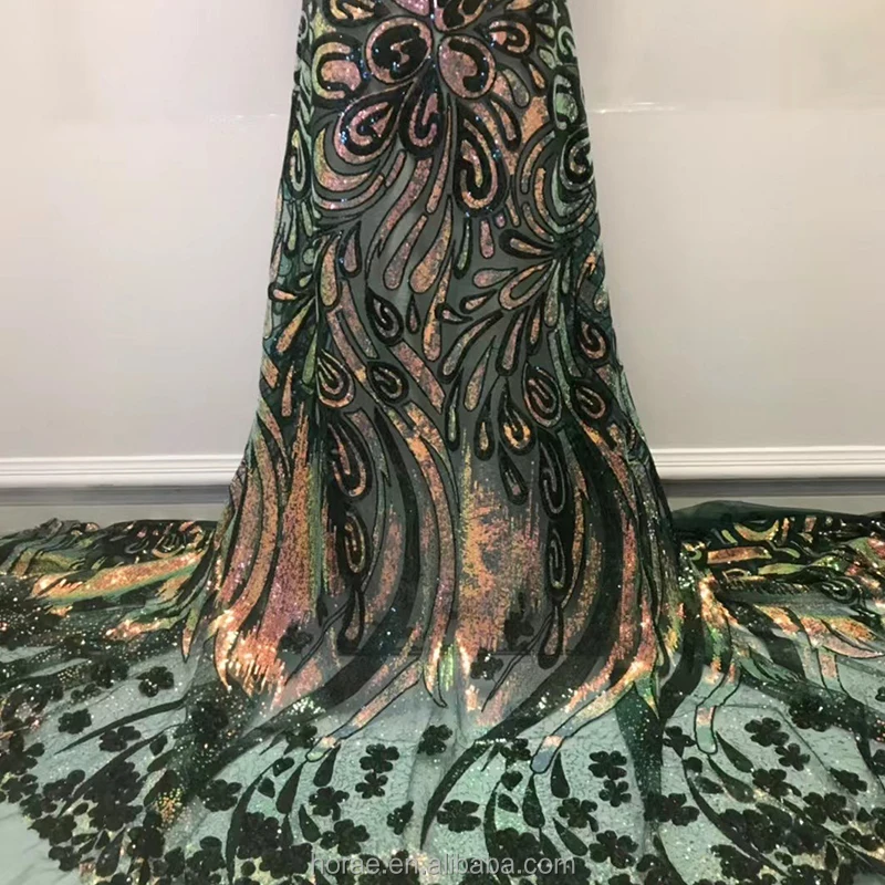 SF002 Wholesale Price OEM Rhinestone Sequin Beaded Fabric Gradient Color African Lace Bridal Fabrics