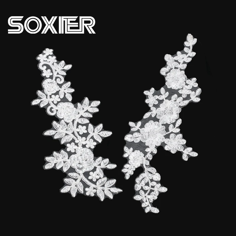 High quality Luxurious Beaded Applique with Sequins 3D Flower Lace Embroidered Fabric