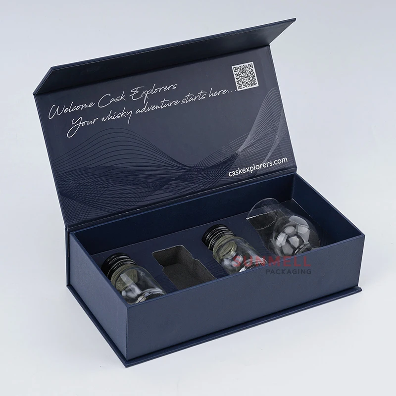 Book Shaped Cardboard Wine Packaging Boxes Inserts Dark Blue High Quality Magnetic Wine Gift Box