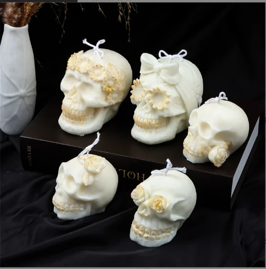 12806 DIY Resin Halloween Silicone Candle Mold Skull with Flowers Candle Mold