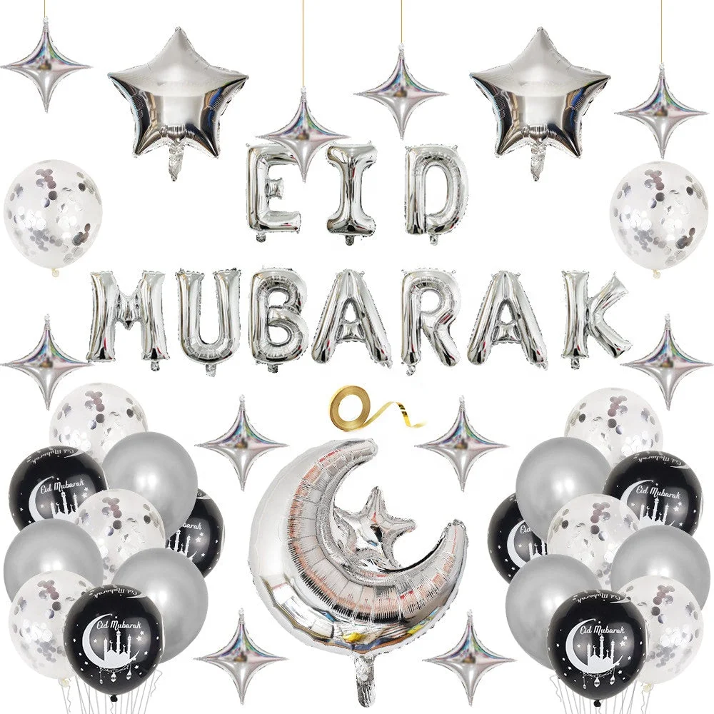 Moon Star Foil Confetti Balloons Hajj Mubarak Banner Party Supplies Eid Mubarak Ramadan Balloon Decoration Set